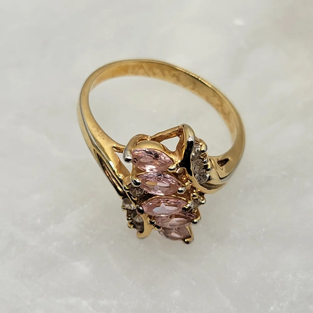 Vintage Bypass Marquise Pink Gem Simulated Diamond Gold Tone Ring - Picture 6 of 10